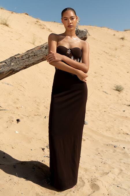 Shop_Asra_Brown Stones, Beads Sweetheart Neck Scuba Hand Embroidered Maxi Dress _Online_at_Aza_Fashions