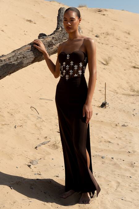 Asra_Brown Stones, Beads Sweetheart Neck Scuba Hand Embroidered Maxi Dress _at_Aza_Fashions
