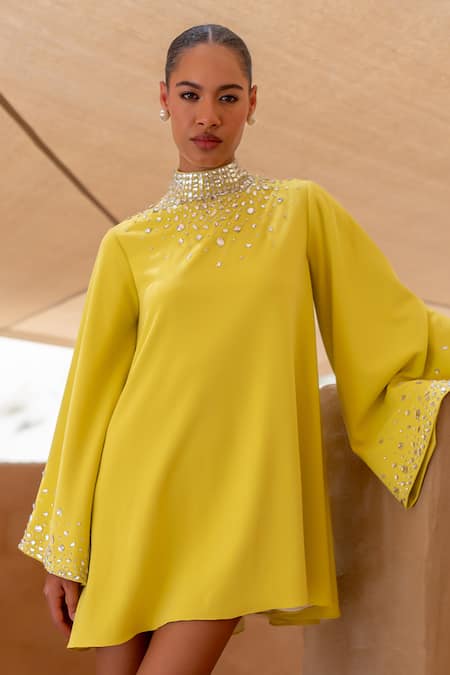 Asra Hand Embroidered High Neck Bell Sleeve Dress 