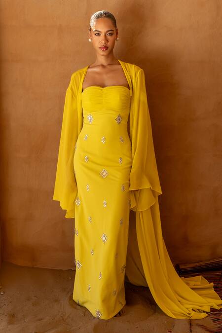 Shop_Asra_Yellow Stones Sweetheart , Open Hand Embroidered Dress With Cape _Online_at_Aza_Fashions