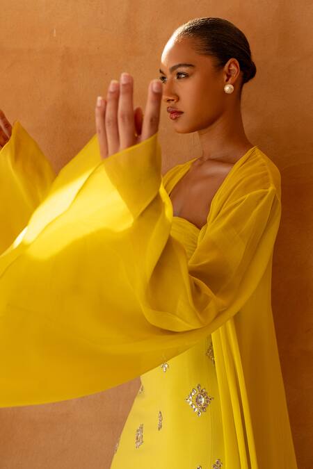 Asra_Yellow Stones Sweetheart , Open Hand Embroidered Dress With Cape _at_Aza_Fashions