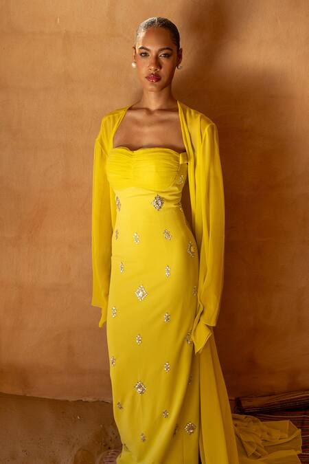 Buy_Asra_Yellow Stones Sweetheart , Open Hand Embroidered Dress With Cape 