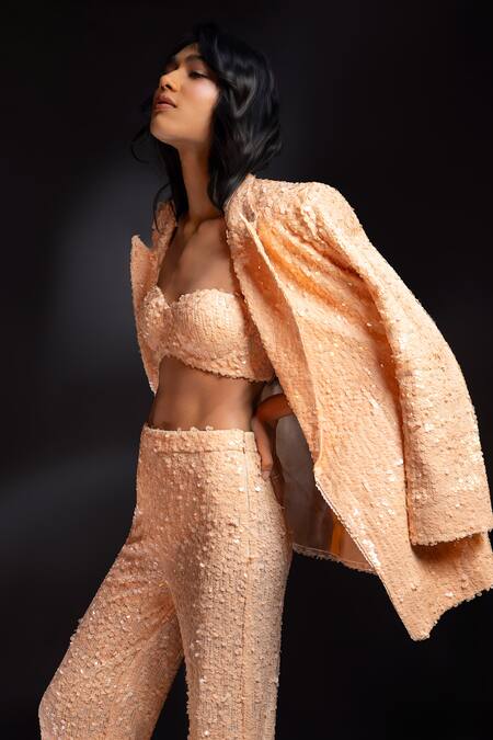 Buy_Asra_Pink Lycra Sequins Sweetheart Neck Hand Embroidered Top Pant Set _Online_at_Aza_Fashions