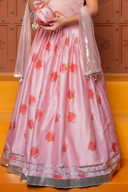 Kirti Agarwal - Pret N Couture_Pink Chanderi Silk, Modal, Net Foil Printing, Gota Patti, Floral Lehenga Set _Online_at_Aza_Fashions
