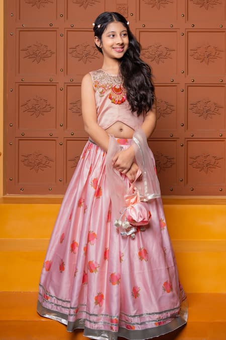 Kirti Agarwal - Pret N Couture_Pink Chanderi Silk, Modal, Net Foil Printing, Gota Patti, Floral Lehenga Set _at_Aza_Fashions