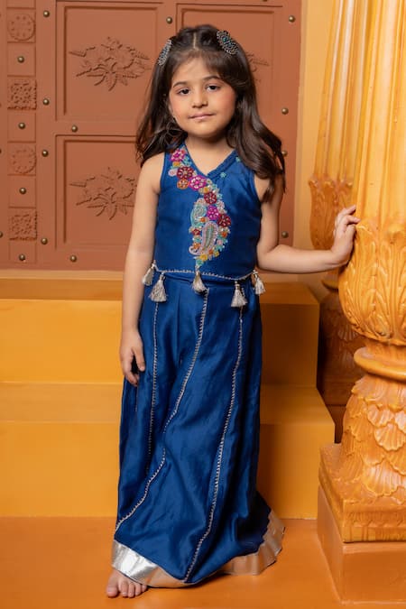 Shop_Kirti Agarwal - Pret N Couture_Blue Chanderi Silk Embroidery Short Kura Set _Online_at_Aza_Fashions