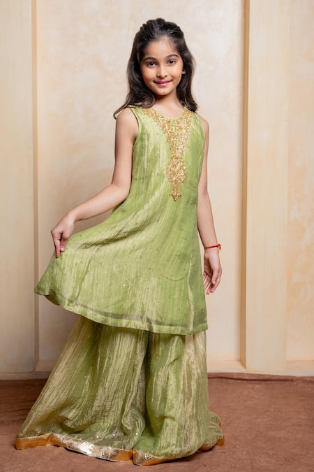 Shop_Kirti Agarwal - Pret N Couture_Green Tissue Zari, Sequins, Gota Patti Embroidered Peplum Kurta And Palazzo Set _Online_at_Aza_Fashions