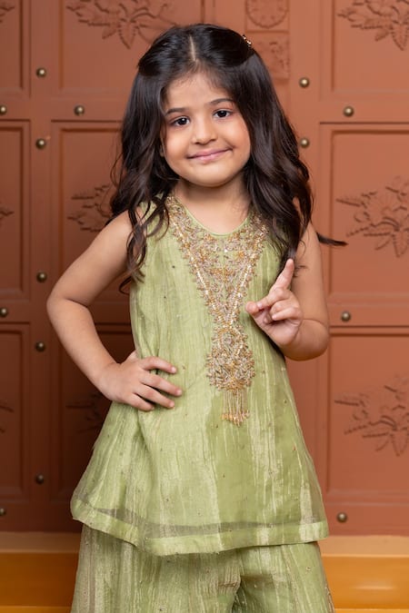 Buy_Kirti Agarwal - Pret N Couture_Green Tissue Zari, Sequins, Gota Patti Embroidered Peplum Kurta And Palazzo Set 