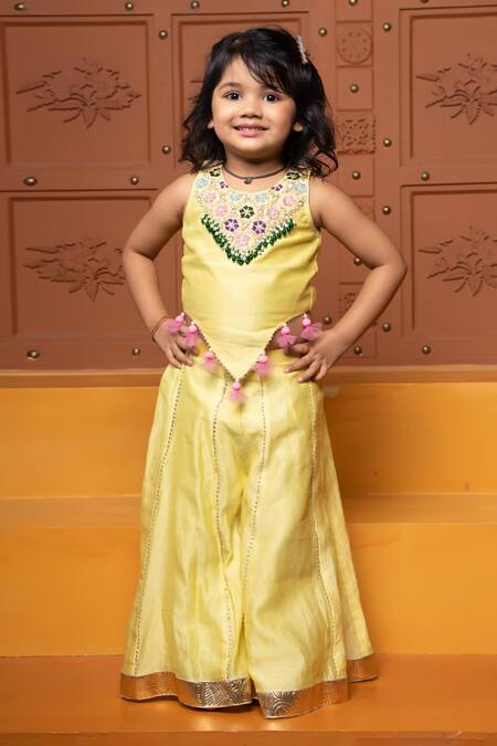 Shop Kirti Agarwal - Pret N Couture Yellow Chanderi Silk Embroidery, Tassels Top And Palazzo Set Online at Aza Fashions Shop_Kirti Agarwal - Pret N Couture_Yellow Chanderi Silk Embroidery, Tassels Top And Palazzo Set _Online_at_Aza_Fashions