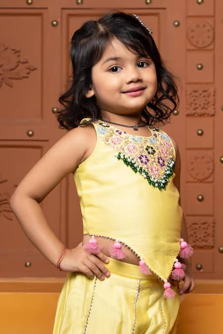 Kirti Agarwal - Pret N Couture Yellow Chanderi Silk Embroidery, Tassels Top And Palazzo Set at Aza Fashions Kirti Agarwal - Pret N Couture_Yellow Chanderi Silk Embroidery, Tassels Top And Palazzo Set _at_Aza_Fashions