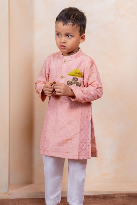 Kirti Agarwal - Pret N Couture_Pink Silk, Cotton Embroidery, Zari Woven Pattern Kurta And Pyjama Set _Online_at_Aza_Fashions