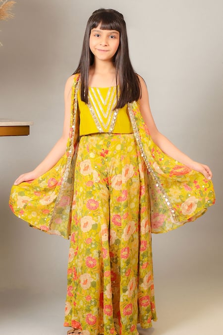 Buy Kirti Agarwal - Pret N Couture Yellow Crepe Floral Pattern Cape Palazzo Set Online at Aza Fashions Buy_Kirti Agarwal - Pret N Couture_Yellow Crepe Floral Pattern Cape Palazzo Set _Online_at_Aza_Fashions