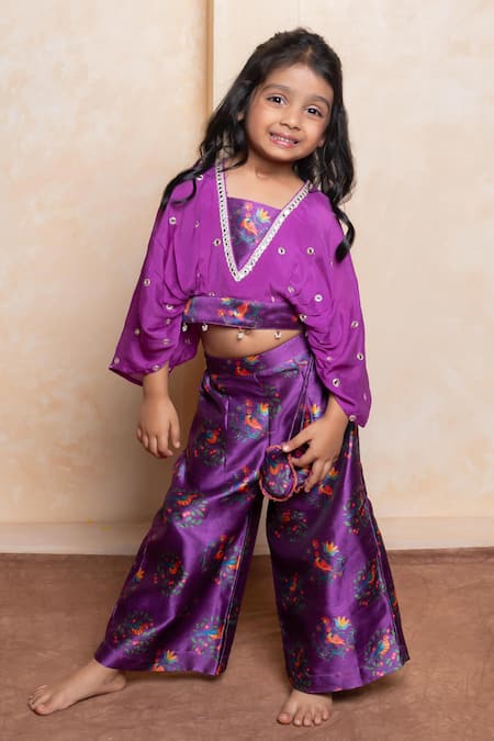 Kirti Agarwal - Pret N Couture Purple Silk, Chinon Mirrors, Piping, Tassels Printed Kaftan Top And Palazzo Set Online at Aza Fashions Kirti Agarwal - Pret N Couture_Purple Silk, Chinon Mirrors, Piping, Tassels Printed Kaftan Top And Palazzo Set _Online_at_Aza_Fashions