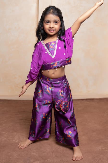 Buy Kirti Agarwal - Pret N Couture Purple Silk, Chinon Mirrors, Piping, Tassels Printed Kaftan Top And Palazzo Set Online at Aza Fashions Buy_Kirti Agarwal - Pret N Couture_Purple Silk, Chinon Mirrors, Piping, Tassels Printed Kaftan Top And Palazzo Set _Online_at_Aza_Fashions