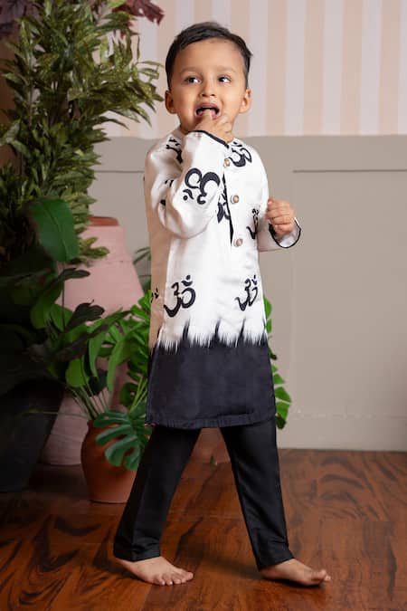 Shop_Kirti Agarwal - Pret N Couture_White Crepe, Cotton, Silk Om Print Kurta And Pyjama Set _Online_at_Aza_Fashions