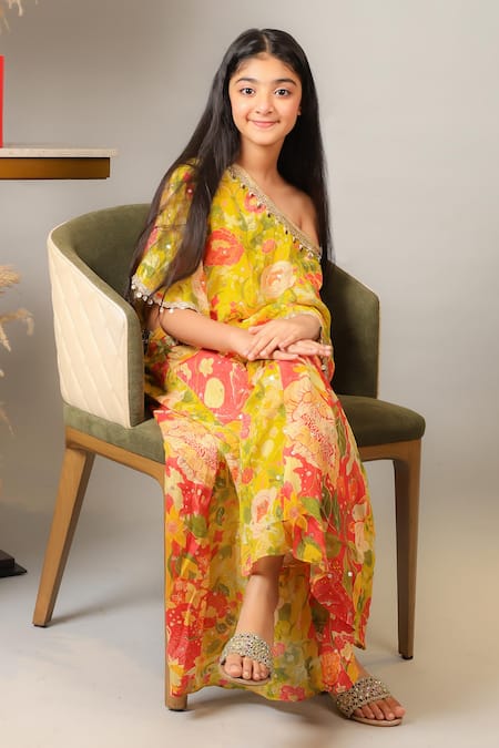 Kirti Agarwal - Pret N Couture_Yellow Crepe, Chiffon Pearls Floral Print Cape Palazzo Set _Online_at_Aza_Fashions