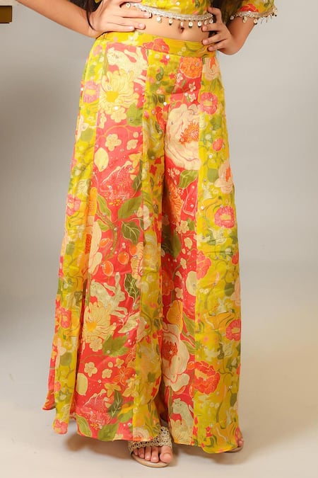 Buy_Kirti Agarwal - Pret N Couture_Yellow Crepe, Chiffon Pearls Floral Print Cape Palazzo Set _Online_at_Aza_Fashions