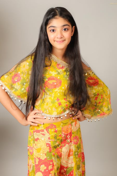 Shop_Kirti Agarwal - Pret N Couture_Yellow Crepe, Chiffon Pearls Floral Print Cape Palazzo Set _Online_at_Aza_Fashions