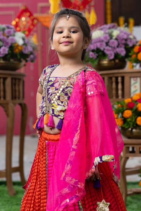 Kirti Agarwal - Pret N Couture_Purple Crepe, Crinkle, Silk, Organza Embroidery, Floral Blouse Lehenga Set _Online_at_Aza_Fashions