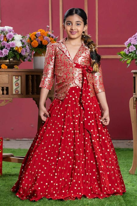 Kirti Agarwal - Pret N Couture_Red Brocade, Silk, Crepe Metallic Thread, Zari, Foil Woven Jacket And Lehenga Set _Online_at_Aza_Fashions