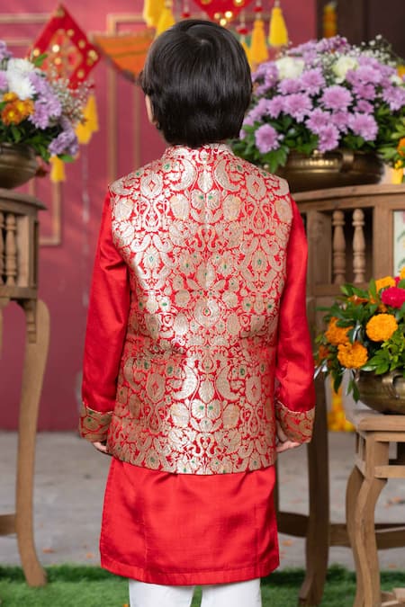 Buy_Kirti Agarwal - Pret N Couture_Red Cotton, Silk, Brocade Zari Jacket Kurta Set _Online_at_Aza_Fashions