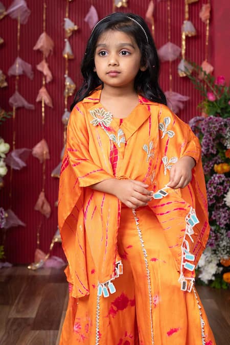 Buy_Kirti Agarwal - Pret N Couture_Orange Modal, Satin Embroidery, Mirrors Cape Palazzo Set _Online_at_Aza_Fashions
