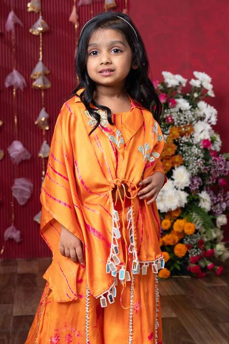 Shop_Kirti Agarwal - Pret N Couture_Orange Modal, Satin Embroidery, Mirrors Cape Palazzo Set _Online_at_Aza_Fashions