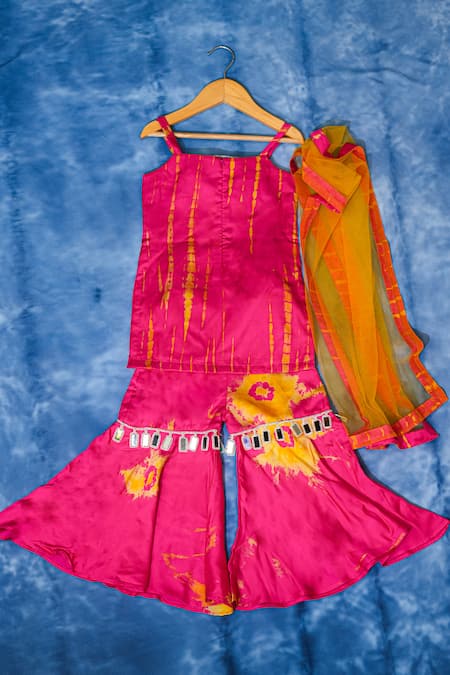 Buy_Kirti Agarwal - Pret N Couture_Pink Modal, Net Mirrors, Embroidery Tie-dye Work Kurta Sharara Set _Online_at_Aza_Fashions