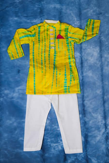 Buy_Kirti Agarwal - Pret N Couture_Yellow Modal, Satin, Cotton, Silk Tie-dye Striped Kurta Set _Online_at_Aza_Fashions