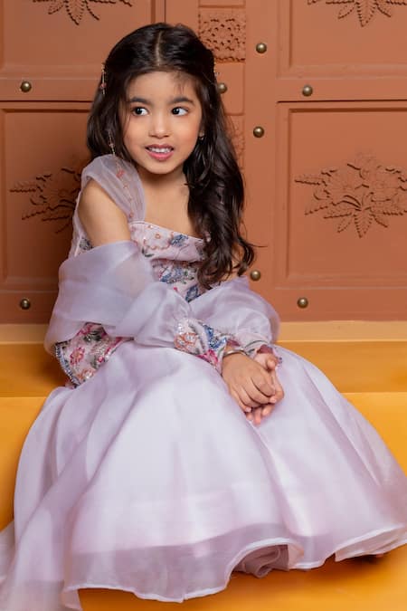 Kirti Agarwal - Pret N Couture_Pink Organza, Net, Cotton, Silk Embroidery, Sequins, Floral Blouse Lehenga Set _Online_at_Aza_Fashions