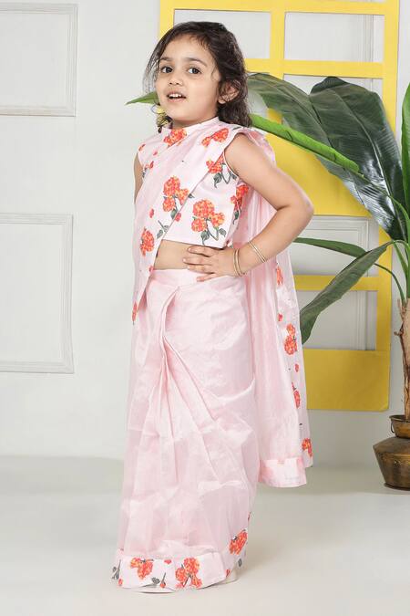 Buy_Little Bansi_Pink Muslin, Cotton Garden Hydrangea Pre-draped Saree With Blouse _Online_at_Aza_Fashions