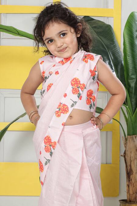 Shop_Little Bansi_Pink Muslin, Cotton Garden Hydrangea Pre-draped Saree With Blouse _Online_at_Aza_Fashions