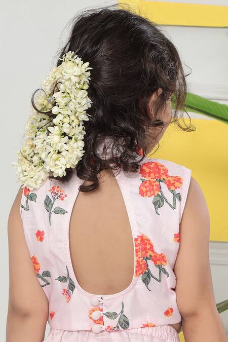 Little Bansi_Pink Muslin, Cotton Garden Hydrangea Pre-draped Saree With Blouse _at_Aza_Fashions