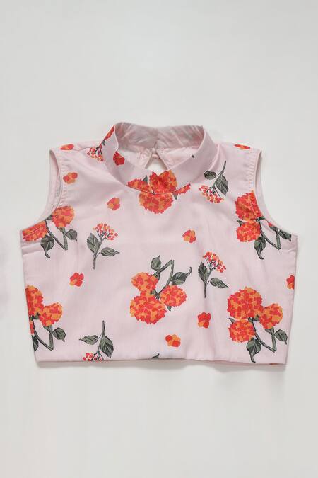 Buy_Little Bansi_Pink Muslin, Cotton Garden Hydrangea Pre-draped Saree With Blouse 