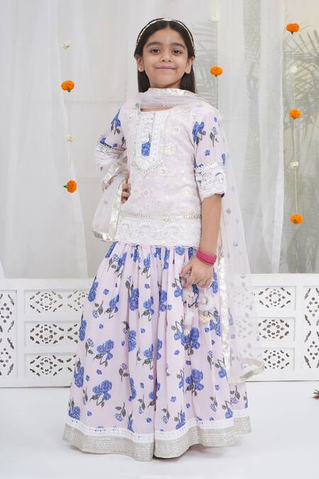 Little Bansi_Pink Viscose, Cotton, Net Tassels, Gota Dutch Hydrangea Floral Lehenga Set _Online_at_Aza_Fashions