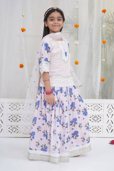 Buy_Little Bansi_Pink Viscose, Cotton, Net Tassels, Gota Dutch Hydrangea Floral Lehenga Set _Online_at_Aza_Fashions