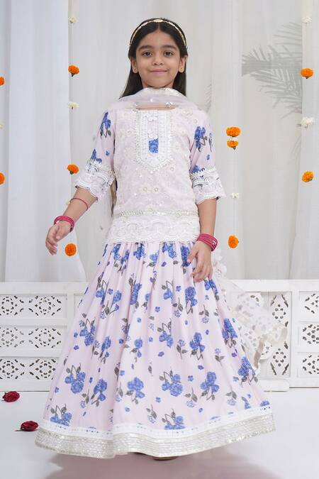 Shop_Little Bansi_Pink Viscose, Cotton, Net Tassels, Gota Dutch Hydrangea Floral Lehenga Set _Online_at_Aza_Fashions
