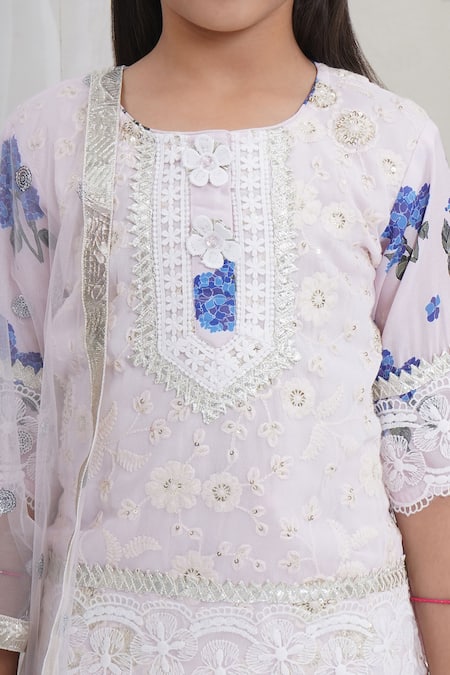 Shop_Little Bansi_Pink Viscose, Cotton, Net Tassels, Gota Dutch Hydrangea Floral Lehenga Set 