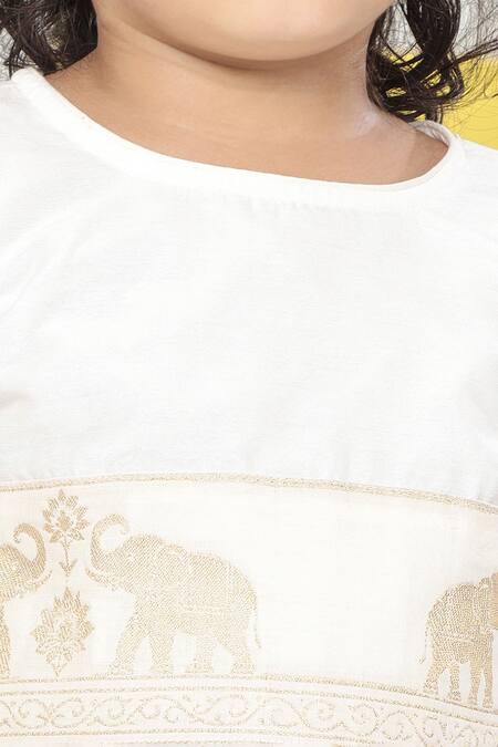Shop_Little Bansi_Ivory Cotton Embroidery, Piping Elephant Lehenga Set _Online_at_Aza_Fashions