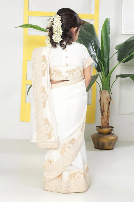 Little Bansi Elephant Embroidered Pre-Draped Saree With Blouse 