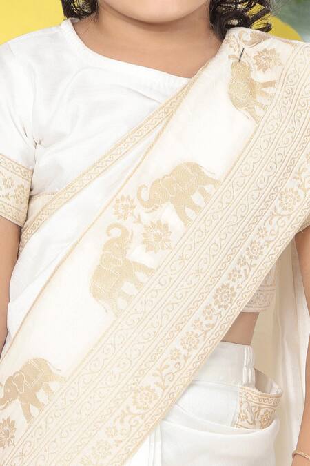 Buy_Little Bansi_Ivory Cotton Embroidery Elephant Pre-draped Saree With Blouse _Online_at_Aza_Fashions