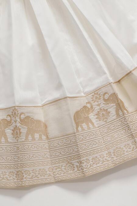 Shop_Little Bansi_Ivory Cotton Embroidery Elephant Pre-draped Saree With Blouse _Online_at_Aza_Fashions