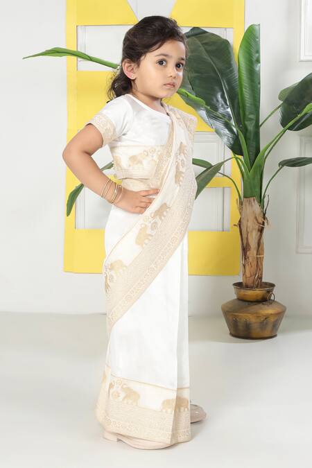 Shop_Little Bansi_Ivory Cotton Embroidery Elephant Pre-draped Saree With Blouse 