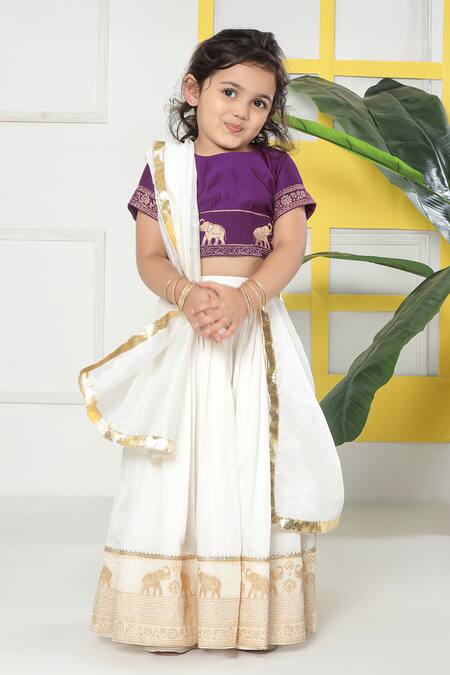 Shop_Little Bansi_Purple Cotton Embroidery, Zari Elephant Lehenga Set _Online_at_Aza_Fashions