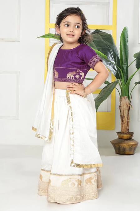 Little Bansi_Purple Cotton Embroidery, Zari Elephant Lehenga Set _at_Aza_Fashions