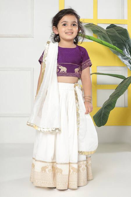 Shop_Little Bansi_Purple Cotton Embroidery, Zari Elephant Lehenga Set 