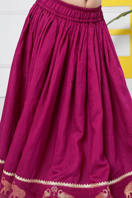 Buy_Little Bansi_Emerald Green Cotton Embroidery, Zari, Gota Patti Elephant Blouse Lehenga Set _Online_at_Aza_Fashions