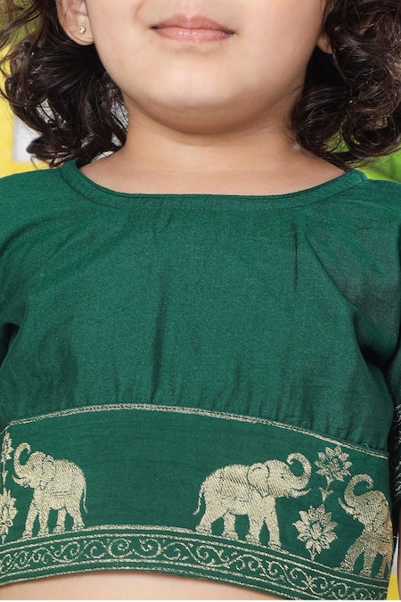 Little Bansi_Emerald Green Cotton Embroidery, Zari, Gota Patti Elephant Blouse Lehenga Set _at_Aza_Fashions