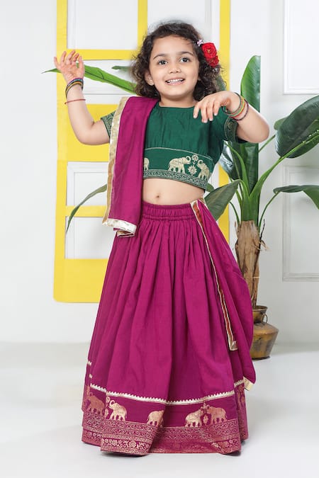 Buy_Little Bansi_Emerald Green Cotton Embroidery, Zari, Gota Patti Elephant Blouse Lehenga Set 