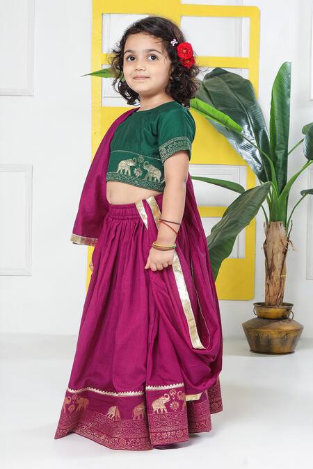 Shop_Little Bansi_Emerald Green Cotton Embroidery, Zari, Gota Patti Elephant Blouse Lehenga Set 
